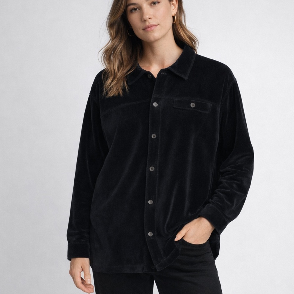 Elisabeth Liz Claiborne 1X Black Velour Button Front Shirt Jacket Shacket Plus